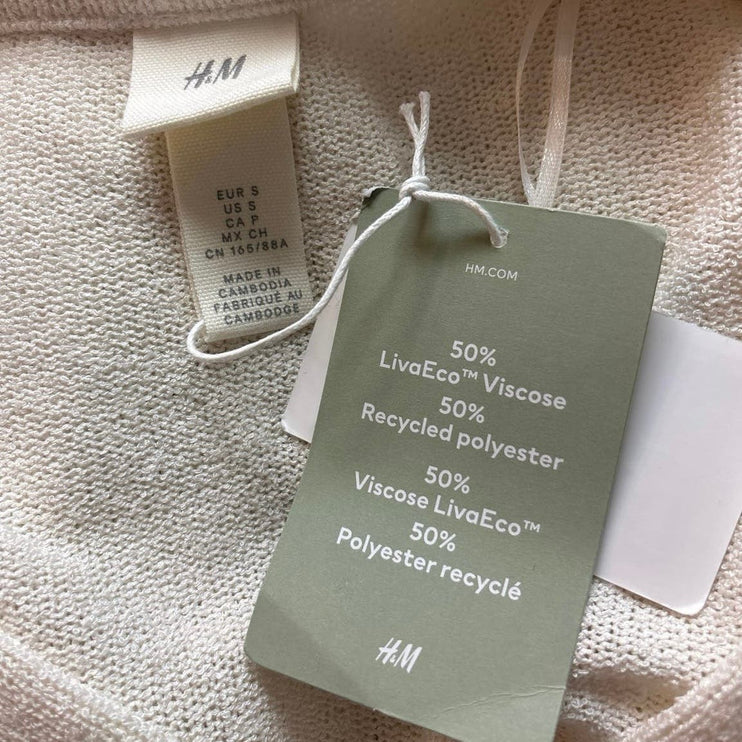 H&M NWT Cream White Short Sleeve Knit Collar Polo V-Neck Shirt Knee Dress Size S