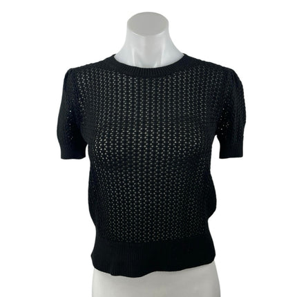 Muse Women's Black Crochet Knit Crewneck Short Puff Sleeve Crop Sweater Top S/P