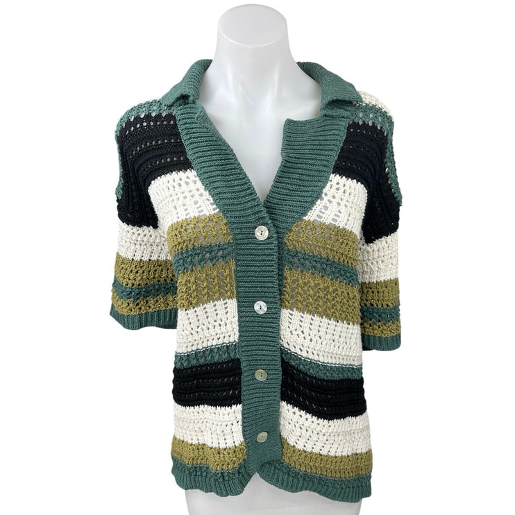 Zara Multicolor Striped Button Down Crochet Knit Polo Cardigan Sweater Top L/XL