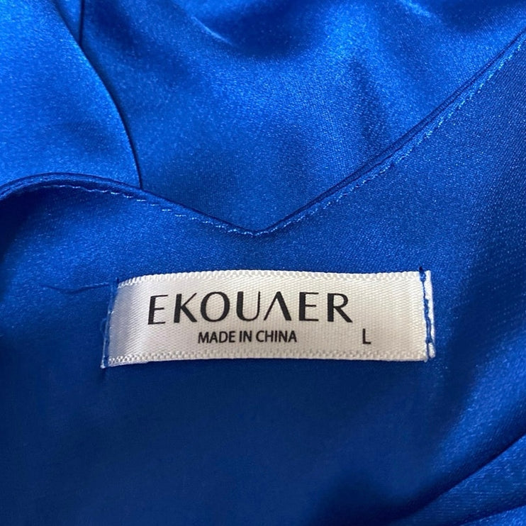 Ekouaer Women's Blue Silky Satin Sleeveless V-neck Blouse Shirt Tank Top Size L