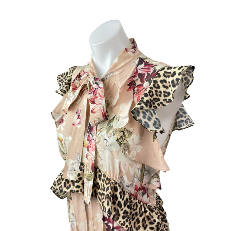 Kachel Coral Floral Leopard Ruffle Tie Pleated Tiered A Line Midi Dress Size 4