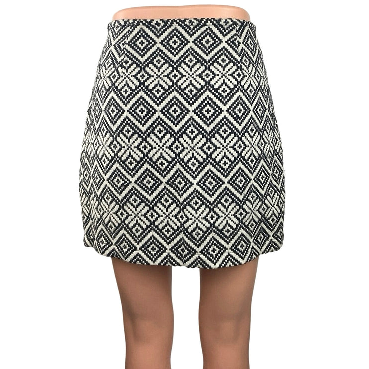 Mango Black White Aztec Argyle Print Slit High Waisted Mini Pencil Skirt Size 8