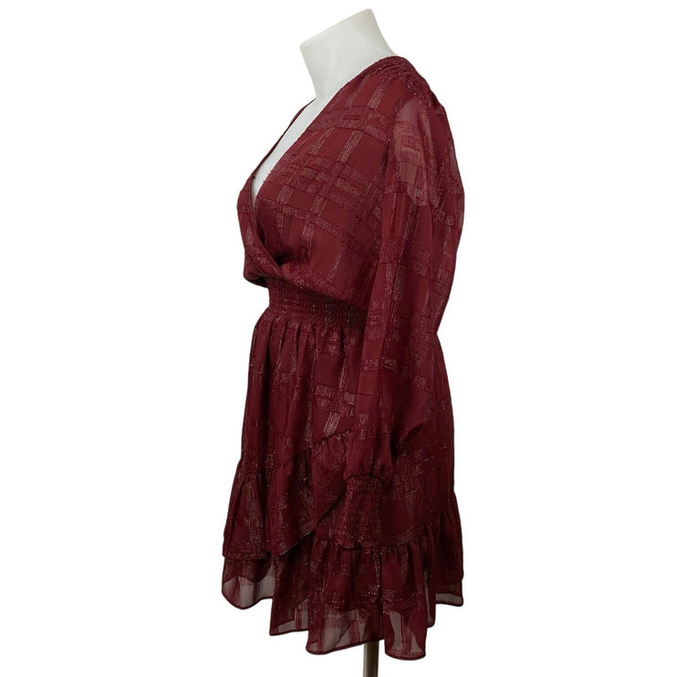 Michael Kors Women's Red Metallic Smocked Waist Long Sleeve Mini Wrap Dress Sz L