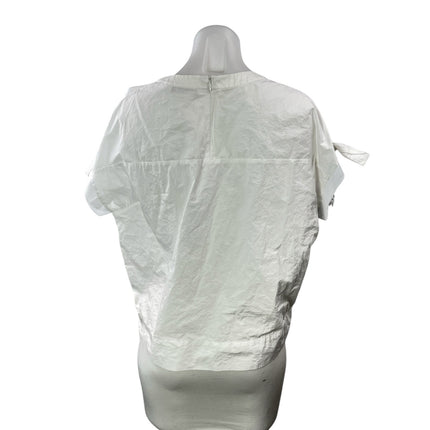 Visit in New York White Round Neck Bow Short Puff Sleeves Tunic Blouse Top M/L