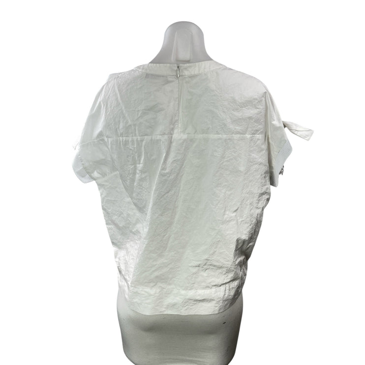 Visit in New York White Round Neck Bow Short Puff Sleeves Tunic Blouse Top M/L