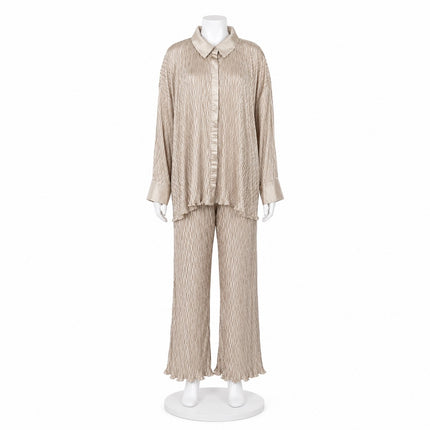 NEW PrettyLittleThing Oatmeal Beige Plisse Oversized Shirt Pants Set Size 26