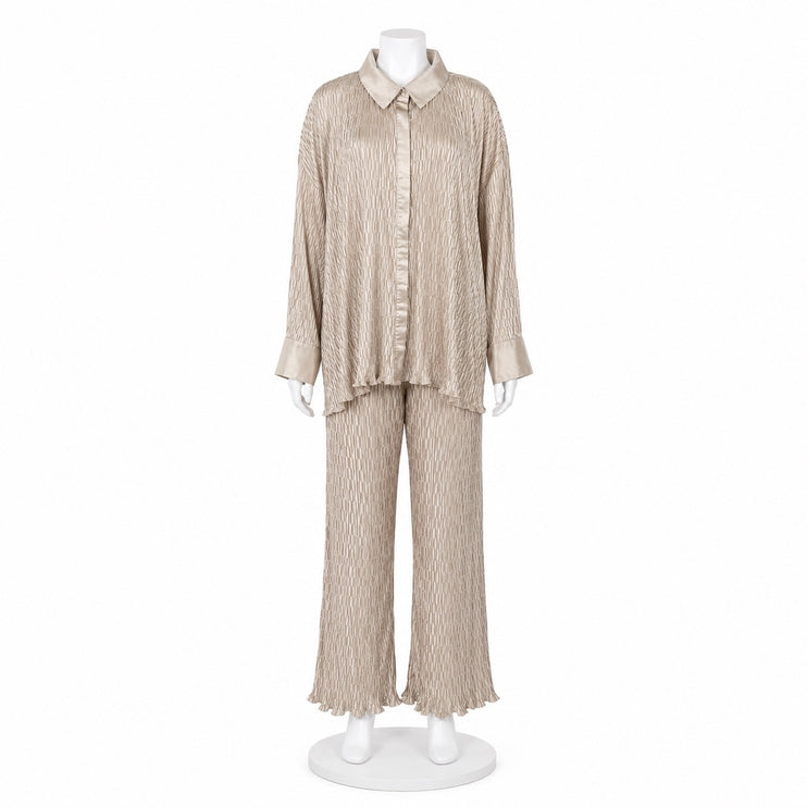 NEW PrettyLittleThing Oatmeal Beige Plisse Oversized Shirt Pants Set Size 26