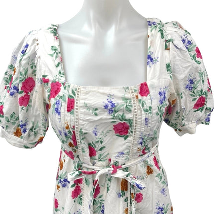 L.O.V White Multicolor Floral Puff Sleeve Square Neck Tie Waist Midi Dress Sz S