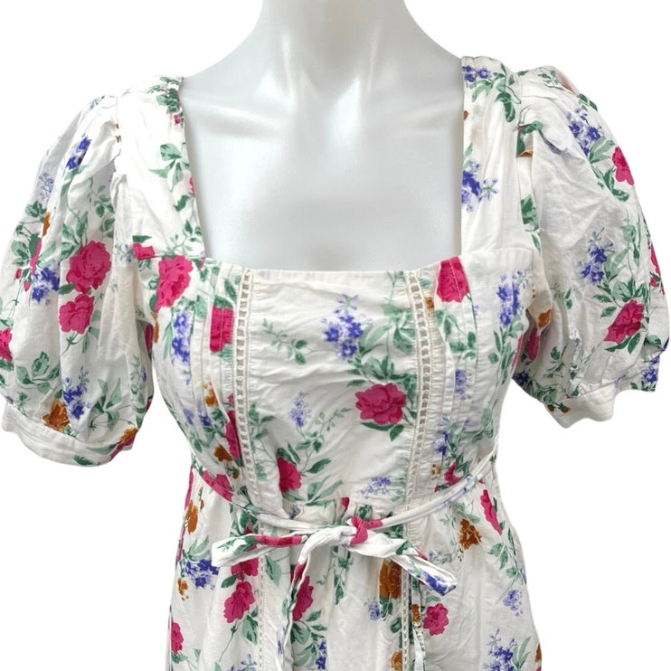 L.O.V White Multicolor Floral Puff Sleeve Square Neck Tie Waist Midi Dress Sz S