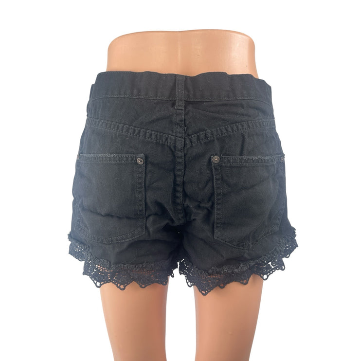 Free People Women's Black Lace Hem High Waisted Wide Leg Denim Jeans Shorts 28
