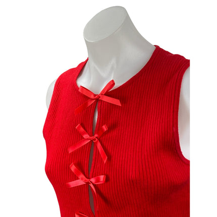 Le Lis Red Sleeveless Ribbed Knit Bow Ribbon Knit Cami Tank Blouse Crop Top M