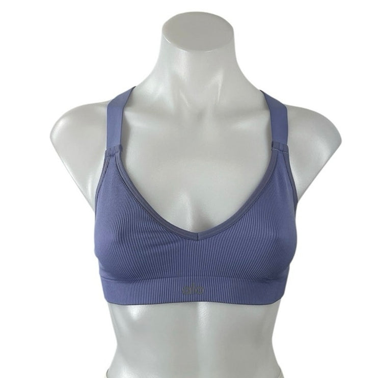 Alo Yoga Blue Ribbed Knit Cross Back Workout Athletic Sports Bra Crop Top Size S