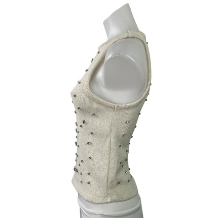 Zara Women Beige Knit Embellished Rhinestone Beaded Sleeveless Tank Top Size S