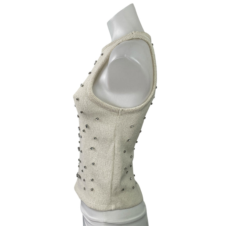Zara Women Beige Knit Embellished Rhinestone Beaded Sleeveless Tank Top Size S
