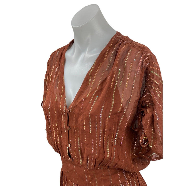 Dante6 Freya Brown Half Sleeve V Neck Lurex Stiped Button A Line Maxi Dress Sz 1