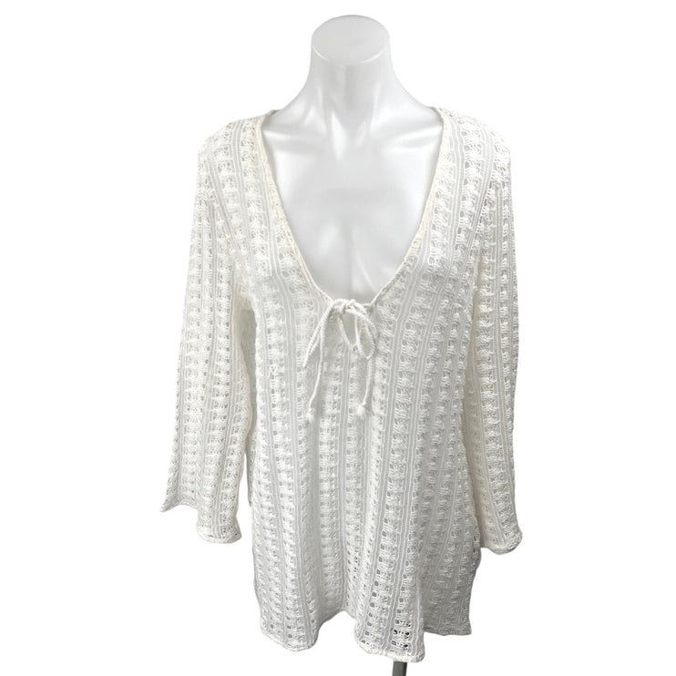 H&M White Crochet Knit Deep V Tie Long Sleeve Beach Cover Up Mini Dress Size M