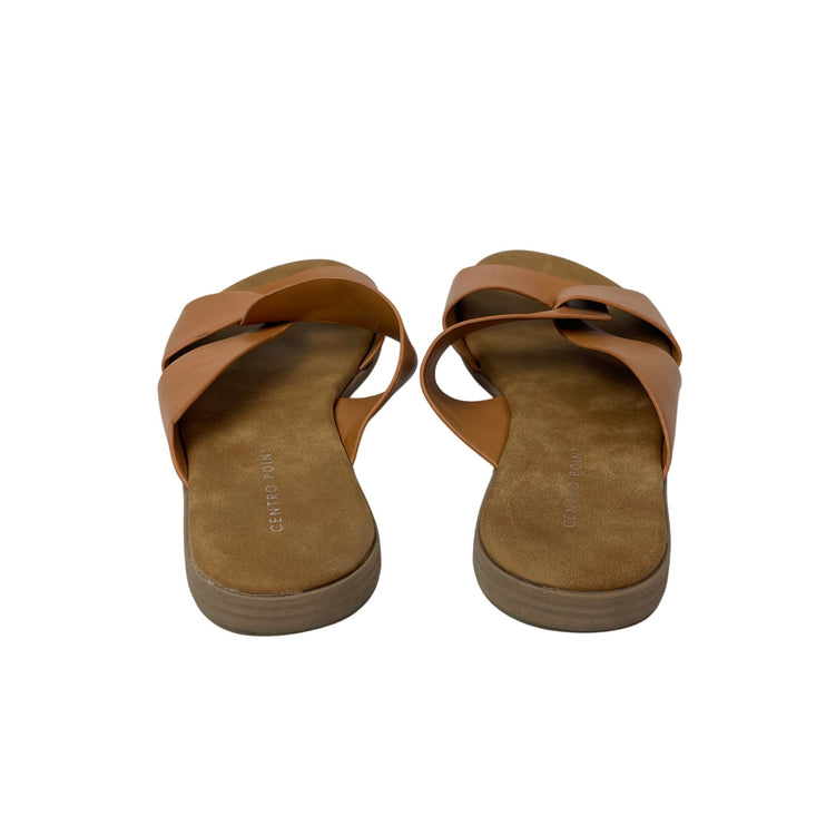 Centro Point Women's Brown Open Toe Slip On Cross Strap Flat Sandals Slides 6.5