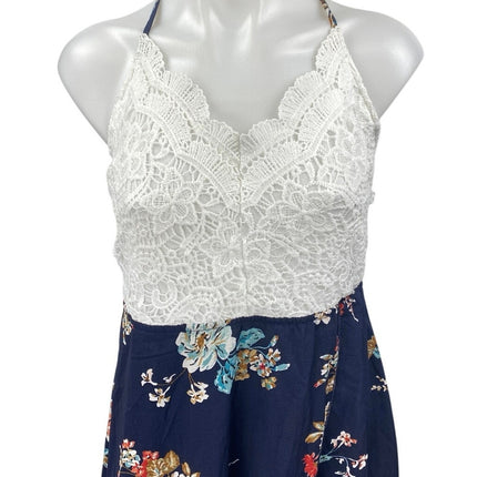 Shein White Blue Floral Crochet Knit Sleeveless Cross Back A Line Maxi Dress XL