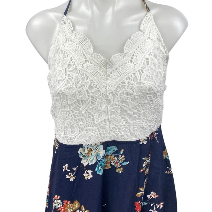Shein White Blue Floral Crochet Knit Sleeveless Cross Back A Line Maxi Dress XL