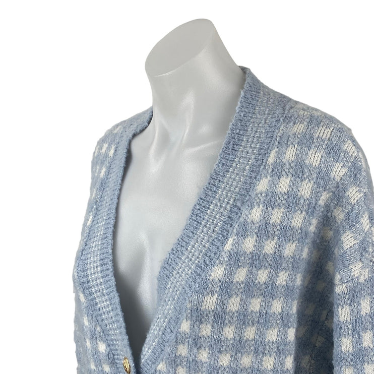 Aqua Blue White Checkered Plaid V Neck Long Sleeve Crop Cardigan Sweater Top L