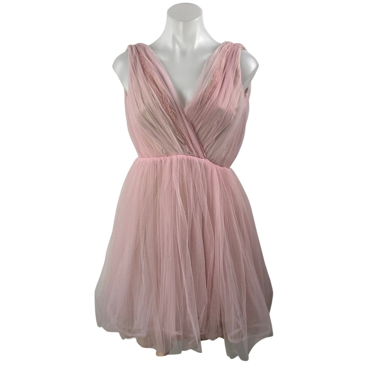 Zara Women's Pink Tulle Sleeveless V Neck Pleated Prom Fit & Flare Mini Dress S