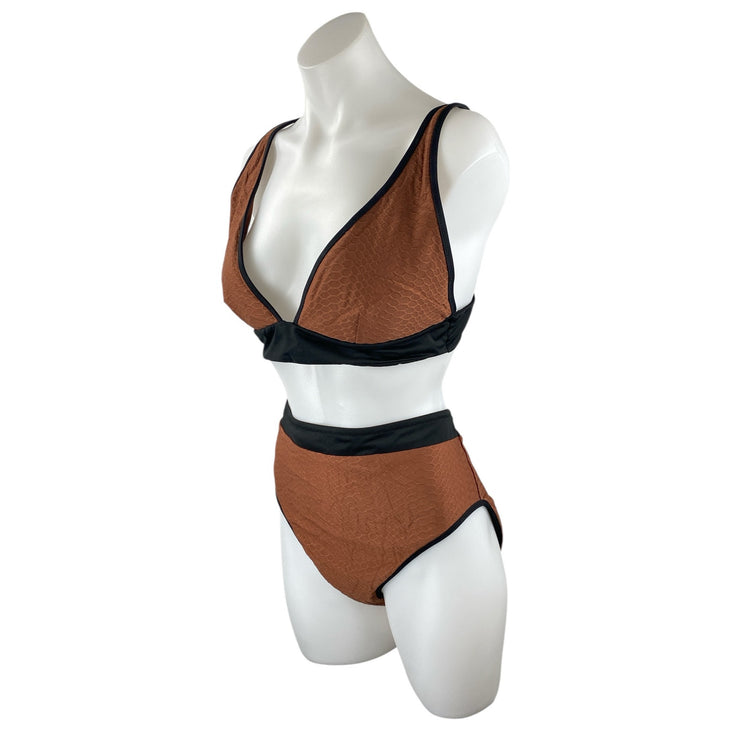 NEW Sanctuary Brown Honeycomb Triangle High Waist Two Piece Bikini Swimwear Sz L