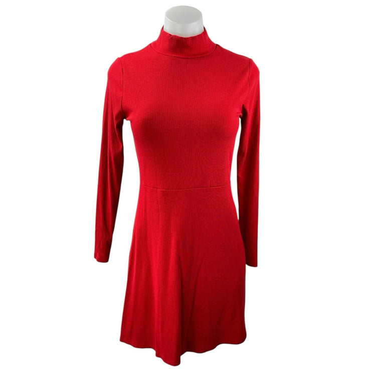 Banana Republic Red Long Sleeve Turtleneck Ribbed Knit A Line Mini Dress Size XS