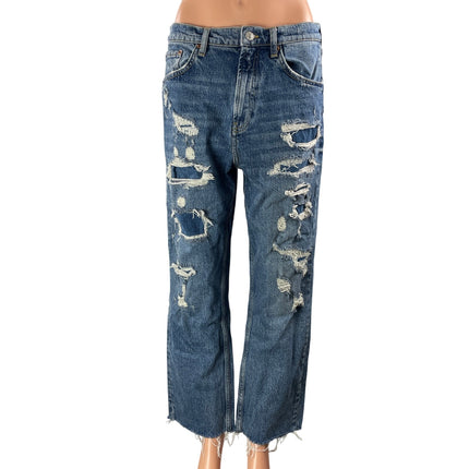 Zara Women's Blue Distressed High Waisted Wide Leg Baggy Denim Jeans Size 10
