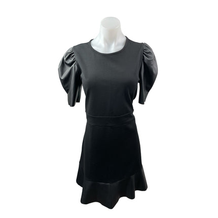 Michael Kors Ponte Faux Leather Trim Puff Sleeve Flounce Hem Mini Flare Dress L