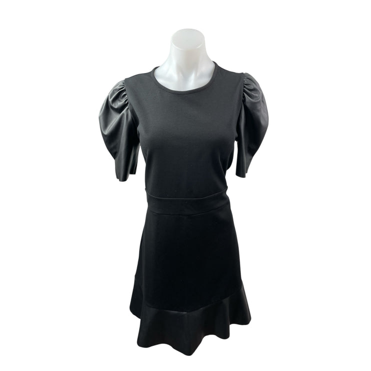 Michael Kors Ponte Faux Leather Trim Puff Sleeve Flounce Hem Mini Flare Dress L