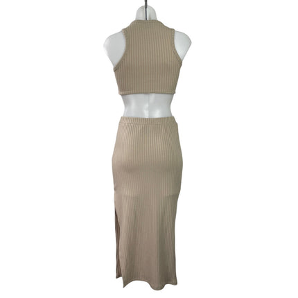 Princess Polly Ellie Beige Sleeveless Ribbed Knit Crop Top & Maxi Skirt Set Sz 2