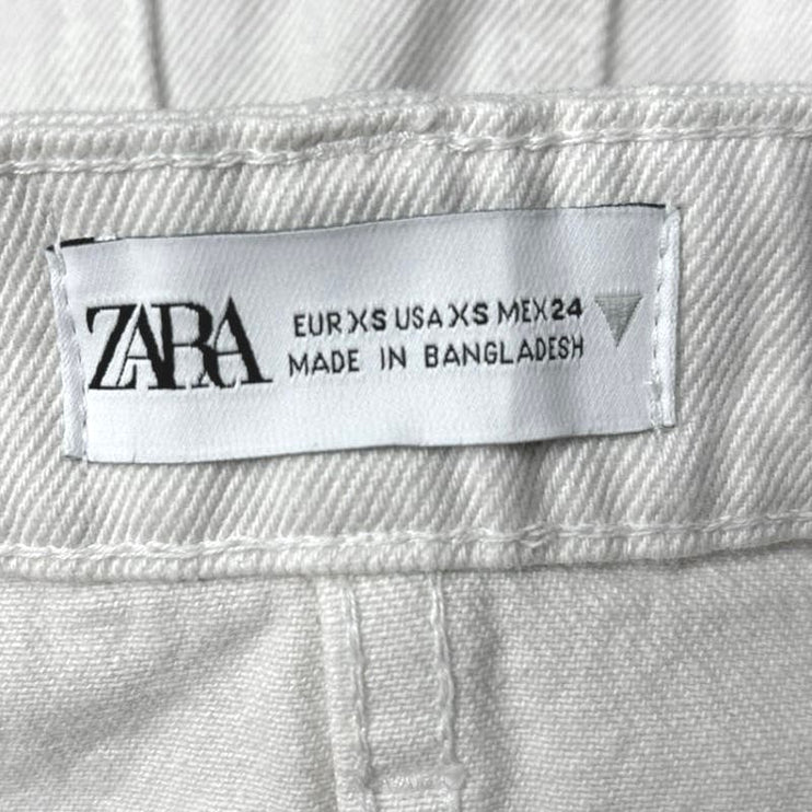 Zara White Button Up Frayed Hem Pencil Straight Jean Denim Mini Skirt Size XS