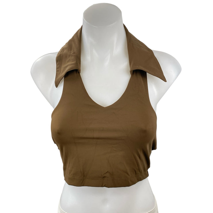 Marby Women's Tan Halter Collared V Neck Yoga Workout Athletic Crop Top Size M