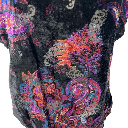 Ecote Multicolor Velvet Velour Paisley Short Sleeve Sheer Mesh Blouse Top Size M