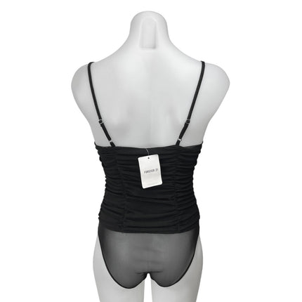 NEW Forever 21 Black Mesh Ruched Sleeveless Cami Camisole Bodysuit Tank Top Sz S