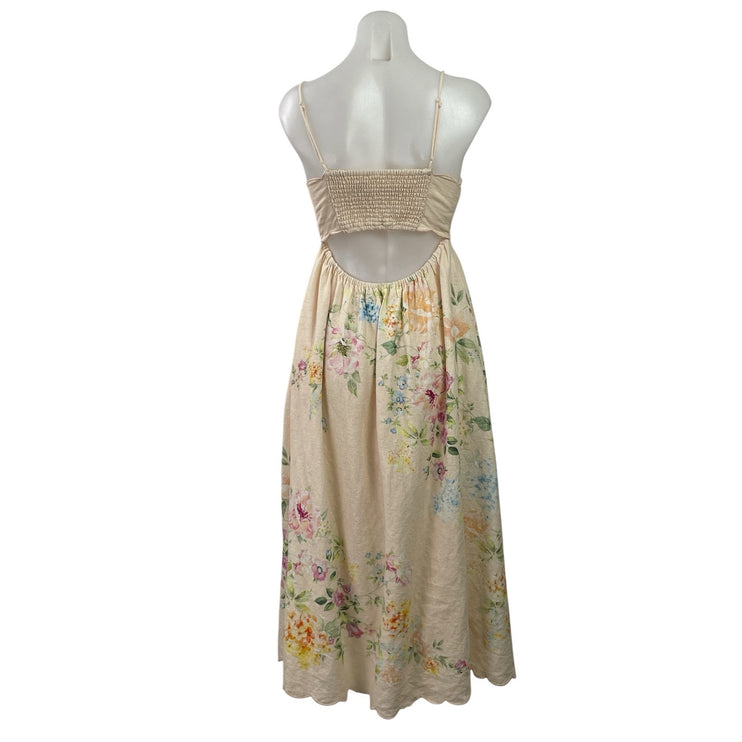 Christian Lacroix Cream Linen Floral Scallop Sleeveless Fit & Flare Midi Dress S