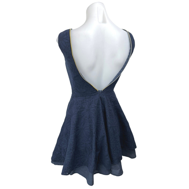 Ark & Co Navy Blue Yellow Zip Up Floral Embroidered Pleated Mini A Line Dress S