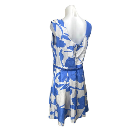 Julian Taylor White Blue Satin Floral Sleeveless Belt Mini Fit & Flare Dress 10