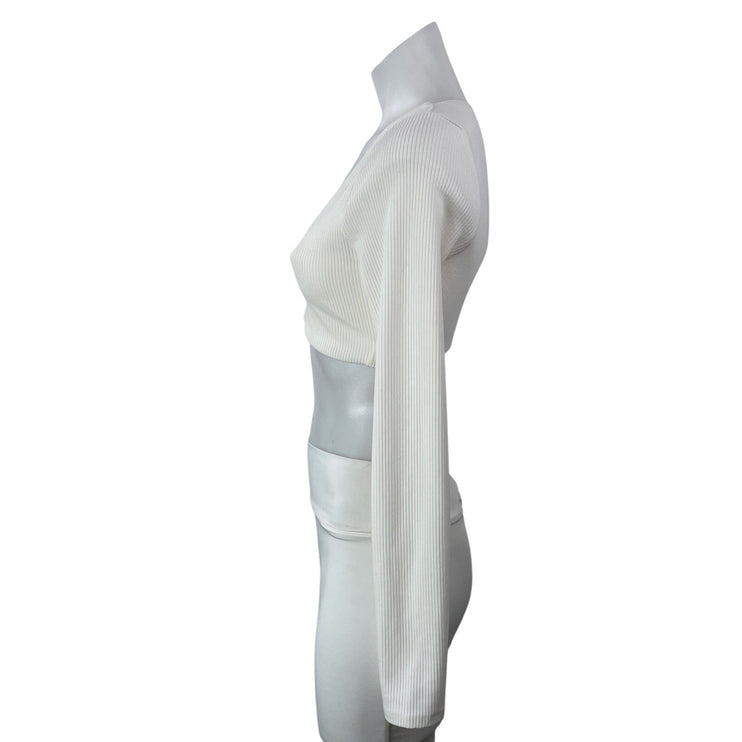 Alo Womens White Long Sleeves Activewear Ribbed Knit Scoop Neck Crop Top Size S