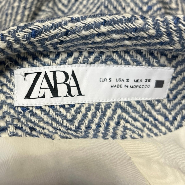 Zara Women's Blue Herringbone Gold Button Long Sleeve Cropped Blazer Jacket S