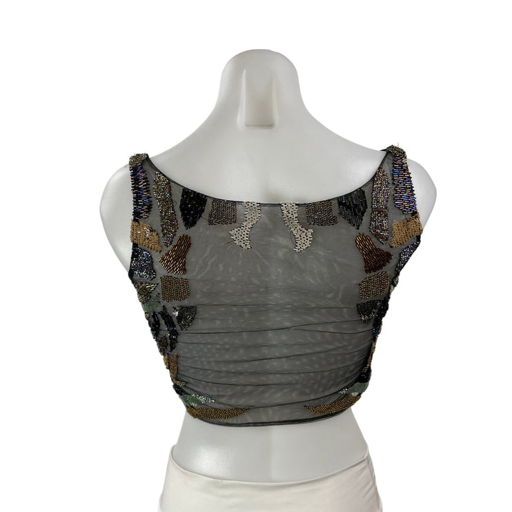 Women's Black Beaded Patchwork Mesh Sleeveless V Neck Cami Tank Crop Top Size S