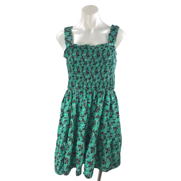 GAP Green Floral Botanical Smocked Sleeveless Mini Tank Flare A-Line Dress Sz L