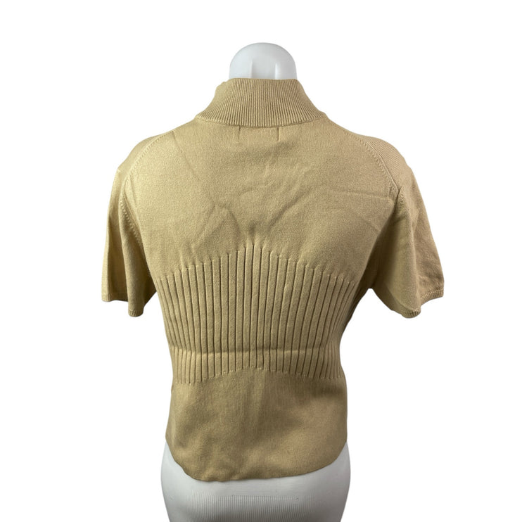 Rena Rowan Beige Silk Short Sleeve Mock Neck Ribbed Knit Sweater Top Size XL