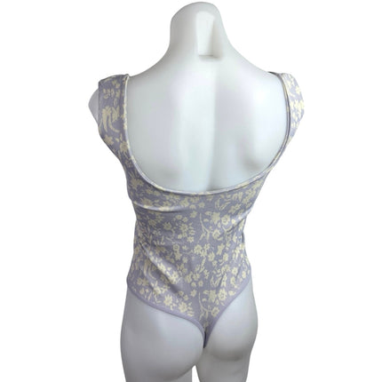 Free People Clean Lines Purple Floral Sleeveless Thong Bodysuit Tank Top Sz M/L