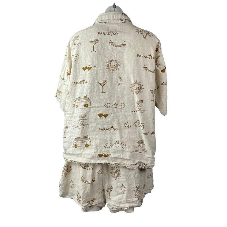 By Frankie Beige Island Graphic Print Button Up Shirt Shorts 2 Pc Set Size L
