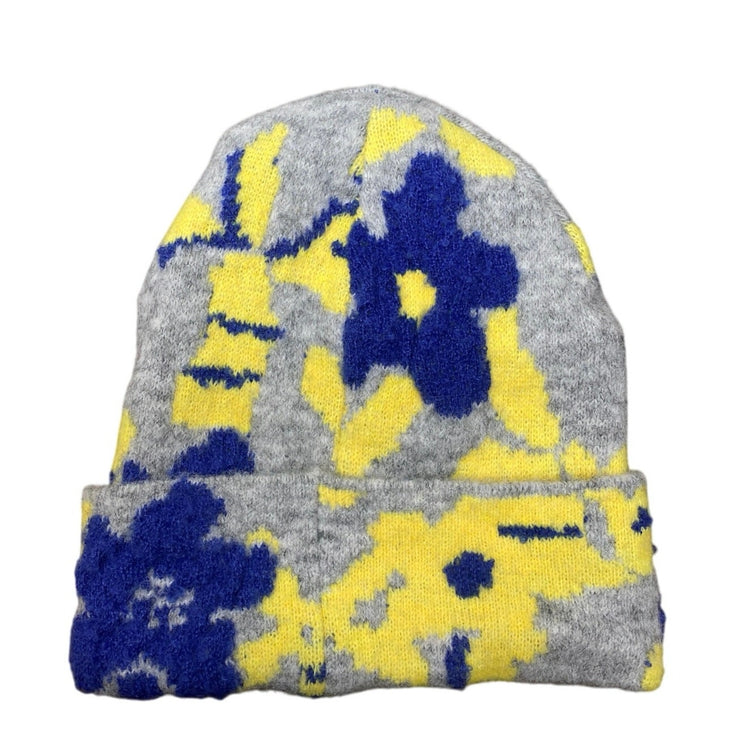 Anthropologie Gray Multicolor Floral Knit Winter Bonnet Fuzzy Beanie Hat Cap OS