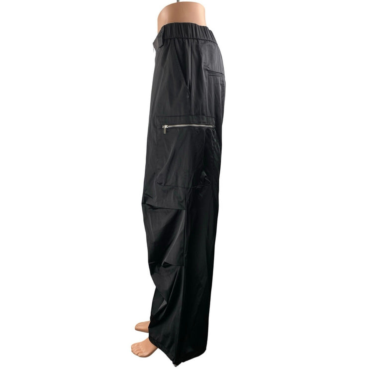 Zara Women's Black Gigh Waisted Zip Up Windbreaker Baggy Wide Leg Cargo Pants M