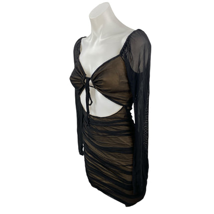 Forever 21 Black Mesh Long Sleeve Tie Knot Cutout Mini Bodycon Dress Size S