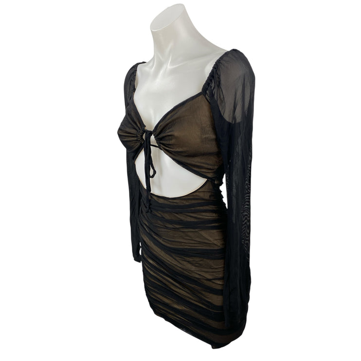 Forever 21 Black Mesh Long Sleeve Tie Knot Cutout Mini Bodycon Dress Size S