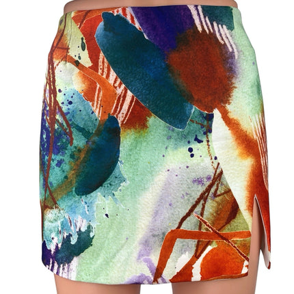 Tiger Mist Multicolor Watercolor Paint Abstract High Waist Mini Skirt Size M